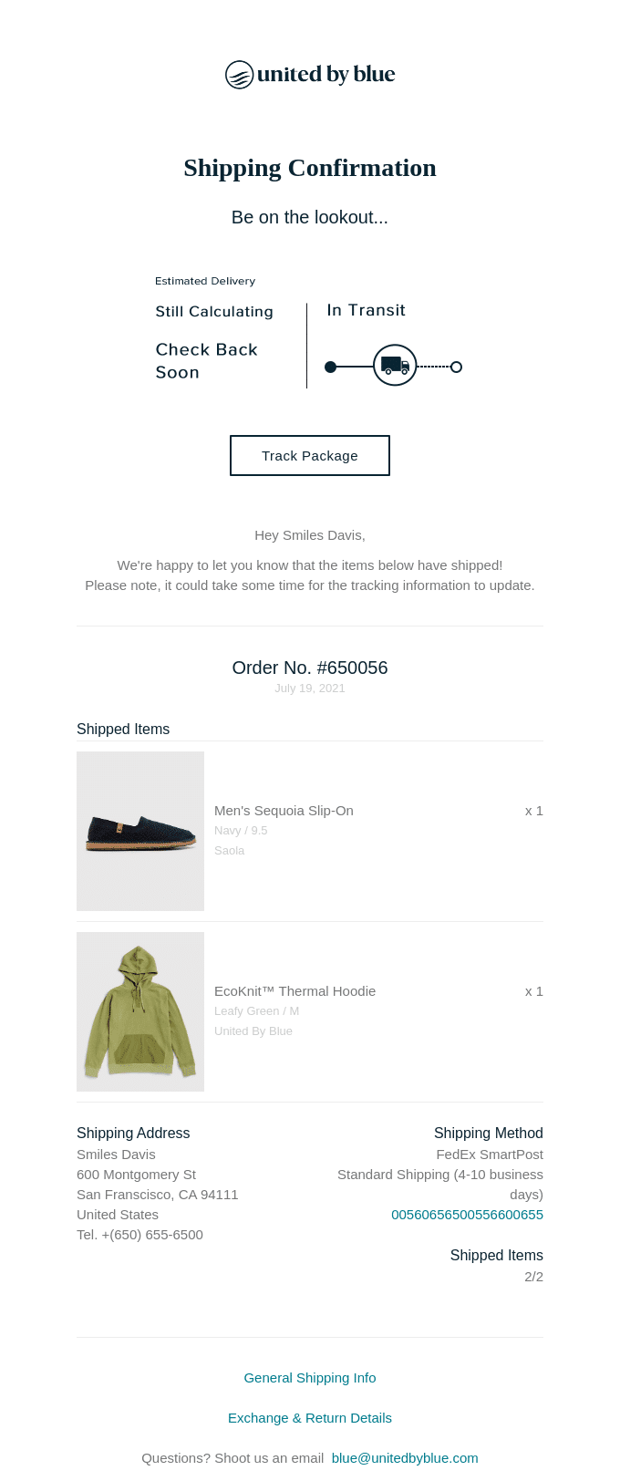 Post purchase emial - Shipping confirmation
